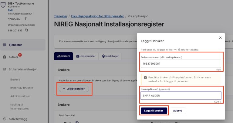 Døme på korleis ein legg til ein brukar