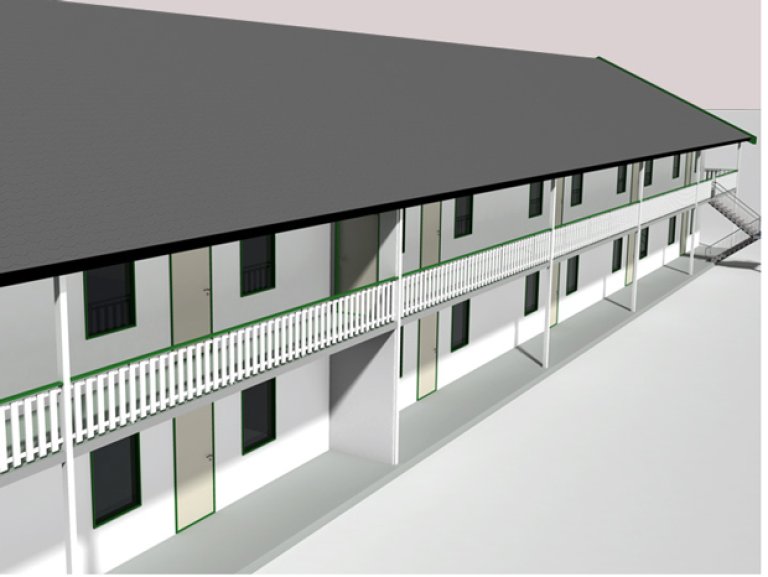 §11-14 Figur 4: Svalgang som rømningsvei. Svalganger som er lengre enn 30 meter, må oppdeles med branncellebegrensende bygningsdeler med innbyrdes avstand på maksimum 30 meter, for å begrense den horisontale brannspredningen.