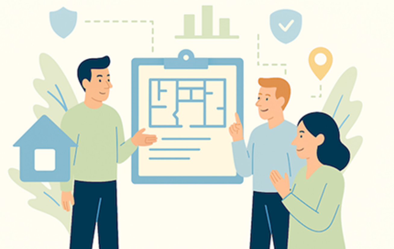 illustrasjonsbilde med flere personer som vurderer tegninger på en skjerm. Illustrasjonen er laget med kunstig intellingens