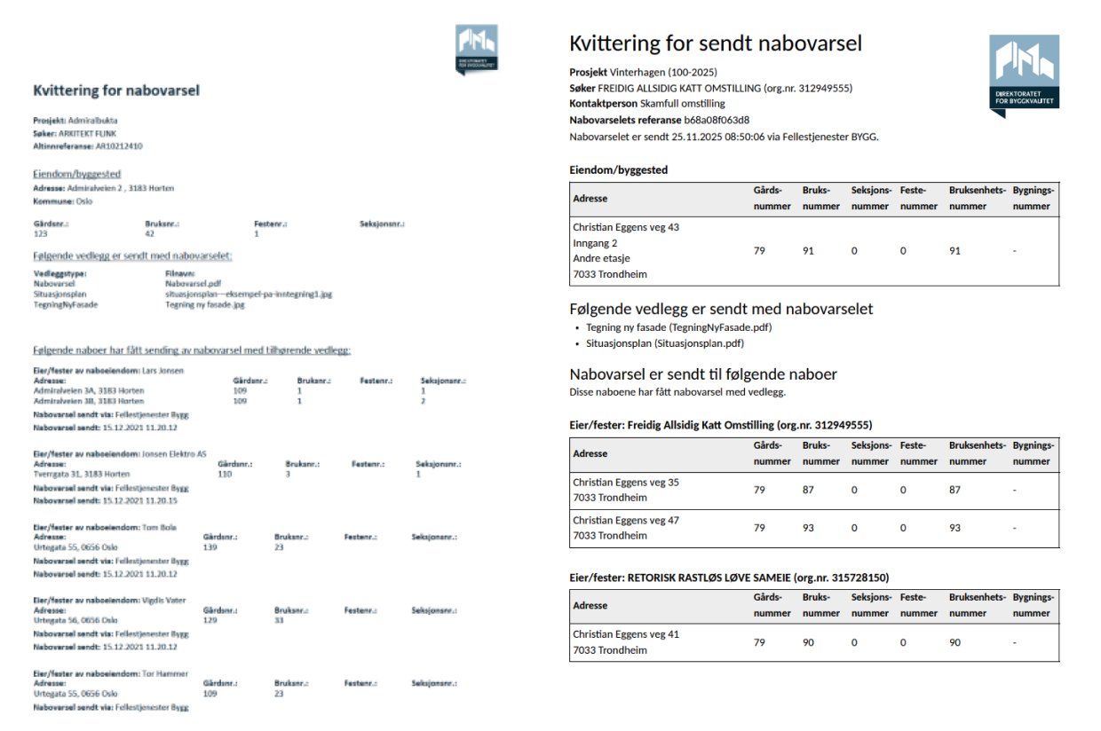 Eksempler på gyldig kvittering for nabovarsel