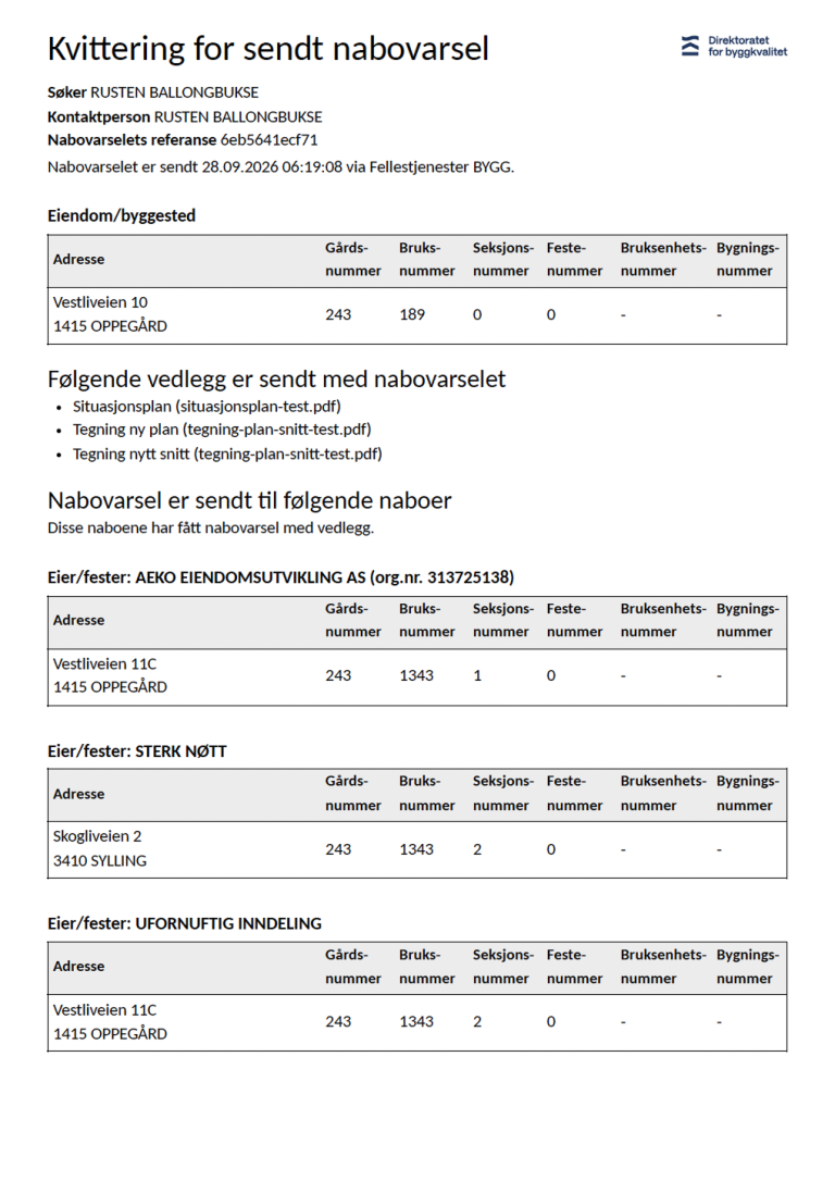 Eksempel på kvittering for nabovarsel distribuert gjennom Fellestjenester plan og bygg