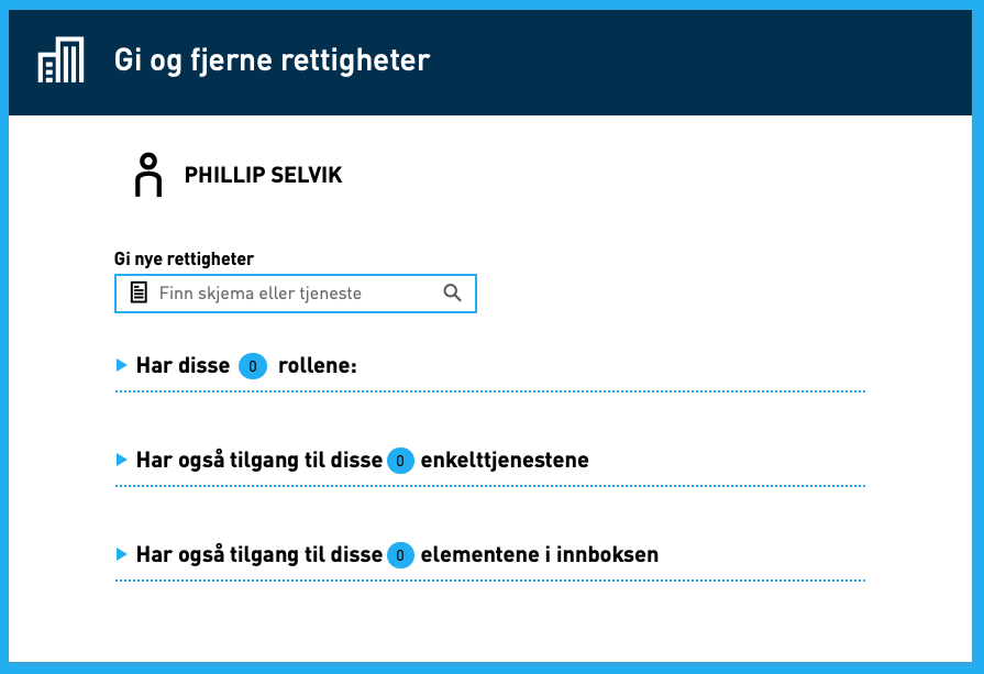 Skjermbilde fra Altinn viser valg for å gi og fjerne rettigheter for en privatperson